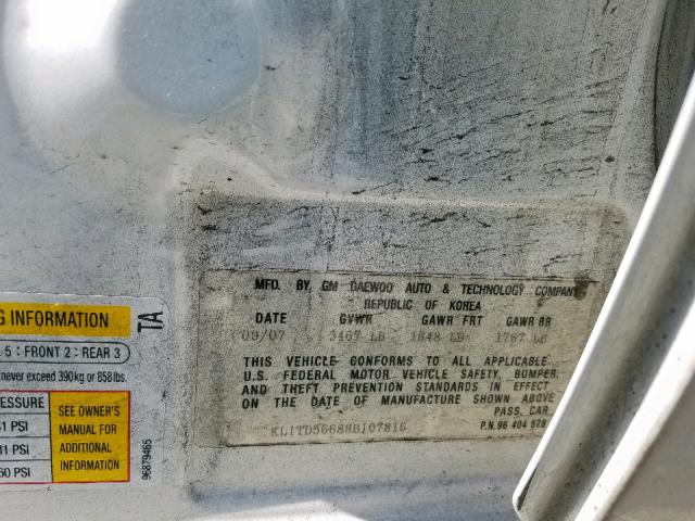 KL1TD56688B107816 - 2008 CHEVROLET AVEO BASE Ақ фото 10