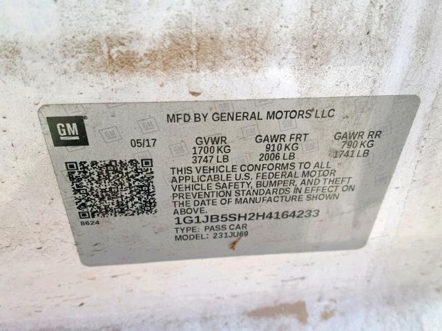 1G1JB5SH2H4164233 - 2017 CHEVROLET SONIC LS 白色 照片 10