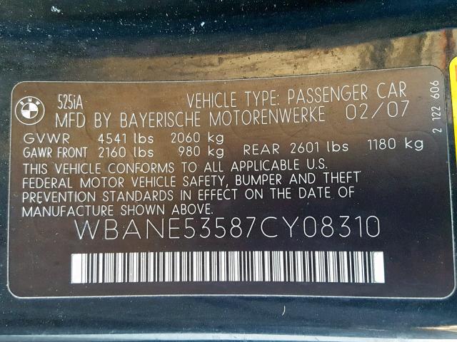 WBANE53587CY08310 - 2007 BMW 525 I BLACK photo 10