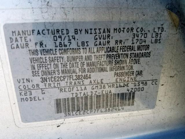 3N1CE2CP7FL382464 - 2015 NISSAN VERSA NOTE SILVER photo 10