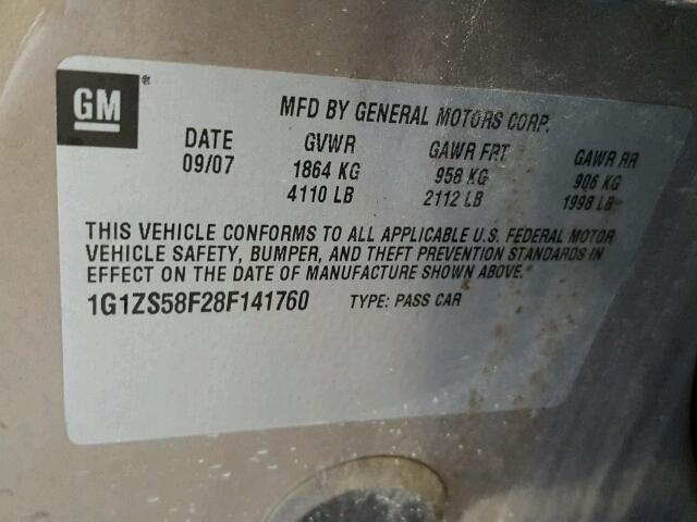 1G1ZS58F28F141760 - 2008 CHEVROLET MALIBU LS 棕色 照片 10