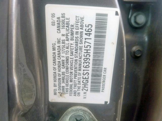 2HGES16395H571465 - 2005 HONDA CIVIC DX V GRAY photo 10