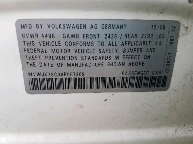 WVWJK73C39P057309 - 2009 VOLKSWAGEN PASSAT TUR WHITE photo 10