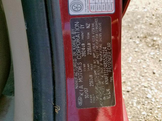 KNAFE122485526224 - 2008 KIA SPECTRA EX RED photo 10