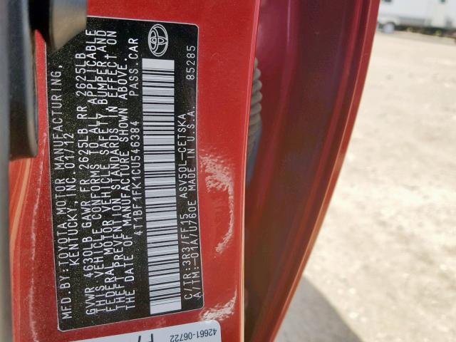 4T1BF1FK1CU546384 - 2012 TOYOTA CAMRY BASE RED photo 10