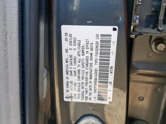 1HGCP26858A142093 - 2008 HONDA ACCORD EXL GRAY photo 10