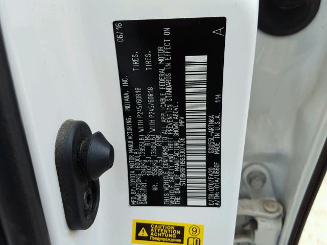 5TDBKRFH9GS307436 - 2016 TOYOTA HIGHLANDER WHITE photo 10