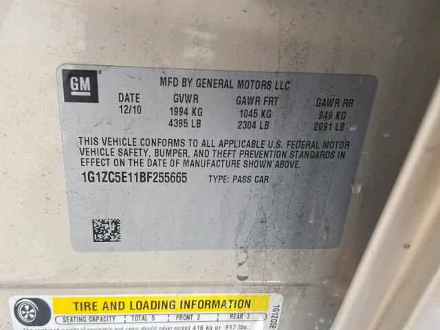 1G1ZC5E11BF255665 - 2011 CHEVROLET MALIBU 1LT GOLD photo 10