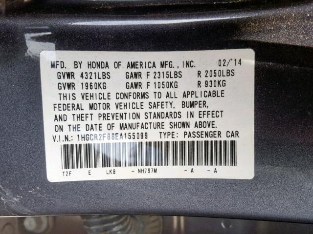 1HGCR2F88EA155099 - 2014 HONDA ACCORD EXL GRAY photo 10