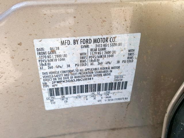 2FMPK3G93JBC00381 - 2018 FORD EDGE SE GOLD photo 10