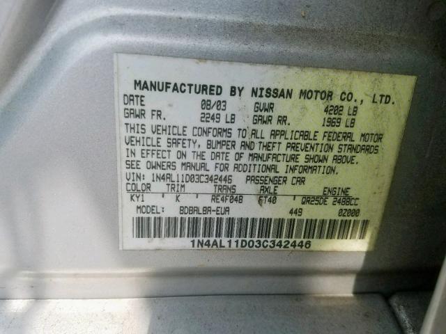 1N4AL11D03C342446 - 2003 NISSAN ALTIMA BAS SILVER photo 10