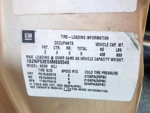 1G2NF52E53M635548 - 2003 PONTIAC GRAND AM S BEIGE photo 10