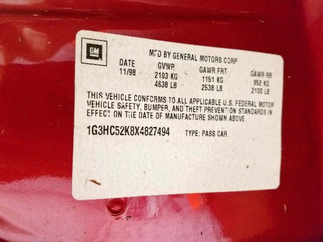 1G3HC52K8X4827494 - 1999 OLDSMOBILE 88 50TH AN RED photo 10