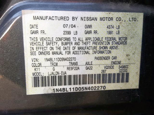 1N4BL11D05N402270 - 2005 NISSAN ALTIMA SE GRAY photo 10