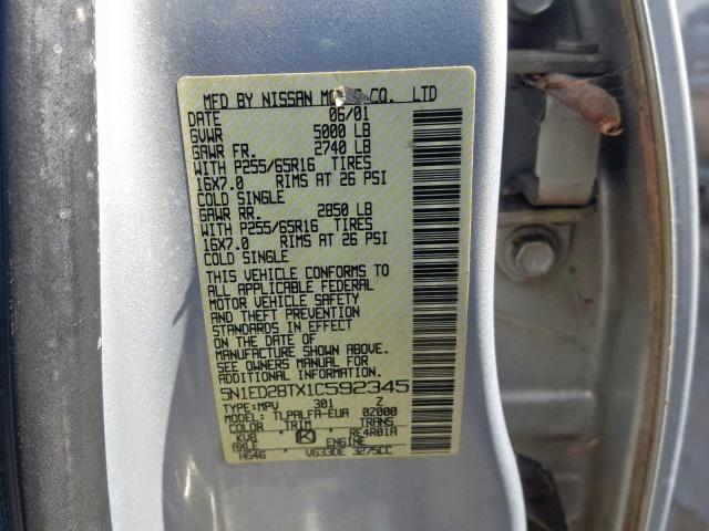 5N1ED28TX1C592345 - 2001 NISSAN XTERRA XE SILVER photo 10