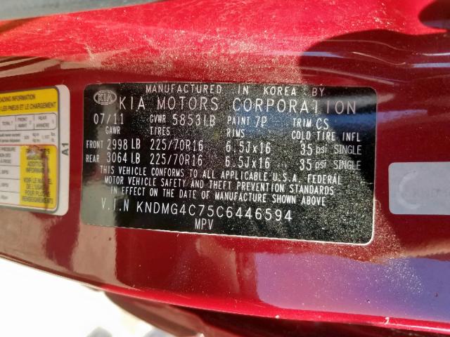 KNDMG4C75C6446594 - 2012 KIA SEDONA LX RED photo 10