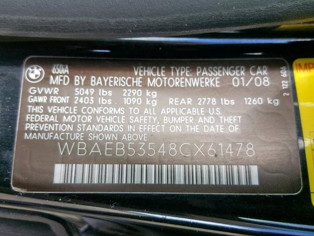 WBAEB53548CX61478 - 2008 BMW 650 I BLACK photo 10