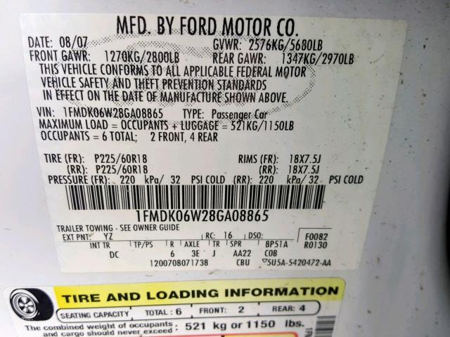 1FMDK06W28GA08865 - 2008 FORD TAURUS X L WHITE photo 10