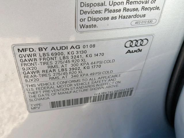 WA1BV74L08D047499 - 2008 AUDI Q7 4.2 QUA SILVER photo 10