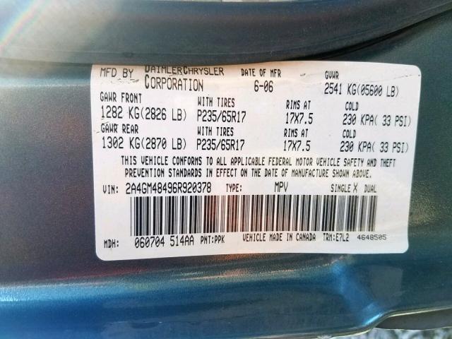 2A4GM48496R920378 - 2006 CHRYSLER PACIFICA BLUE photo 10