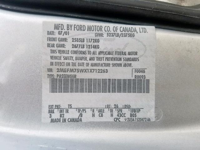 2MEFM75WX1X712263 - 2001 MERCURY GRAND MARQ SILVER photo 10