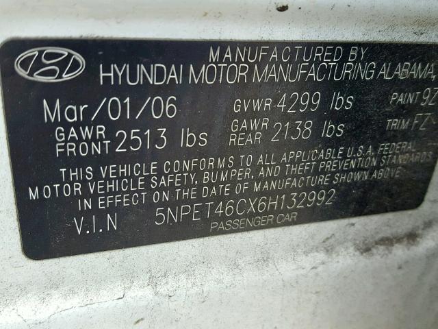 5NPET46CX6H132992 - 2006 HYUNDAI SONATA GL WHITE photo 10