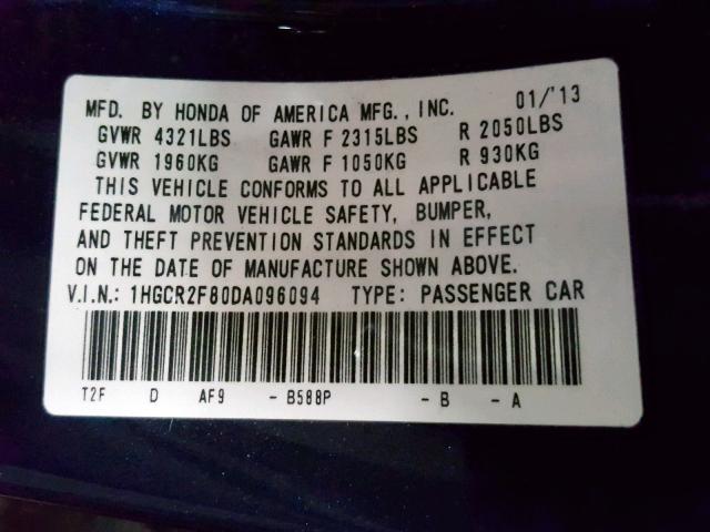 1HGCR2F80DA096094 - 2013 HONDA ACCORD EXL BLUE photo 10