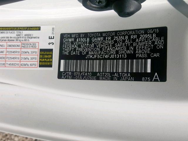 JTKJF5C74FJ013113 - 2015 TOYOTA SCION TC თეთრი ფოტო 10