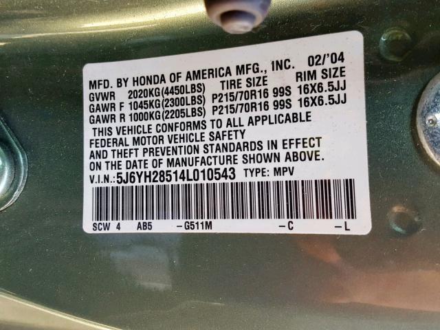 5J6YH28514L010543 - 2004 HONDA ELEMENT EX GREEN photo 10