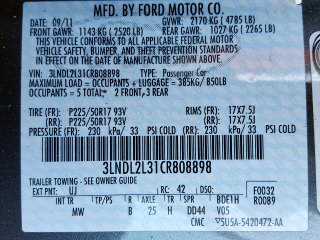 3LNDL2L31CR808898 - 2012 LINCOLN MKZ HYBRID GRAY photo 10