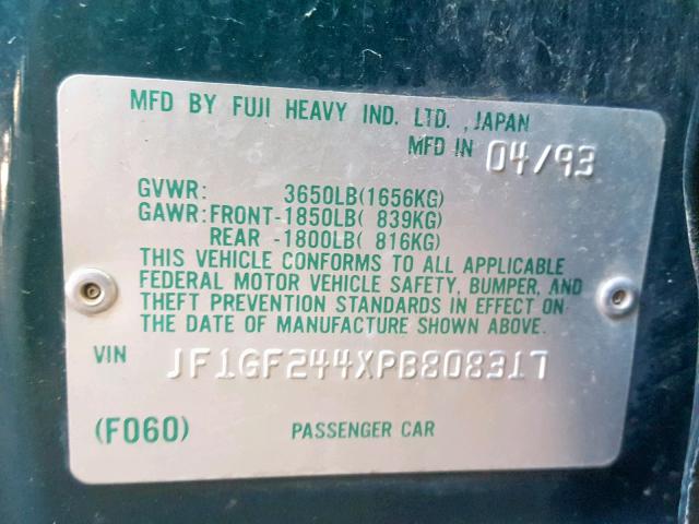 JF1GF244XPB808317 - 1993 SUBARU IMPREZA L GREEN photo 10