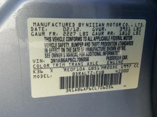 3N1AB6AP6CL706056 - 2012 NISSAN SENTRA 2.0 SILVER photo 10