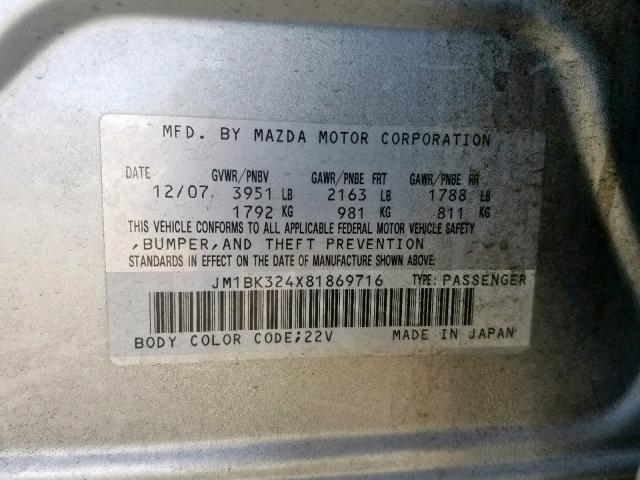 JM1BK324X81869716 - 2008 MAZDA 3 S SILVER photo 10