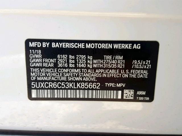 5UXCR6C53KLK85662 - 2019 BMW X5 XDRIVE4 WHITE photo 10