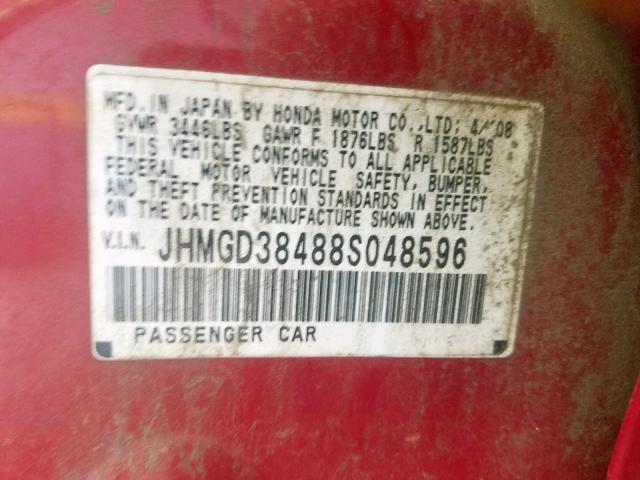 JHMGD38488S048596 - 2008 HONDA FIT RED photo 10