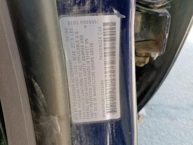 WVWEH63B31E033089 - 2001 VOLKSWAGEN PASSAT GLX BLUE photo 10