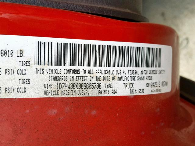 1D7HW38K38S605788 - 2008 DODGE DAKOTA SXT RED photo 10