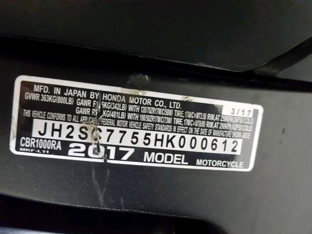 JH2SC7755HK000612 - 2017 HONDA CBR1000 RA BLACK photo 20