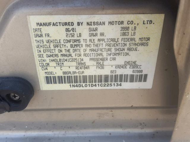 1N4DL01D41C225134 - 2001 NISSAN ALTIMA XE TAN photo 10