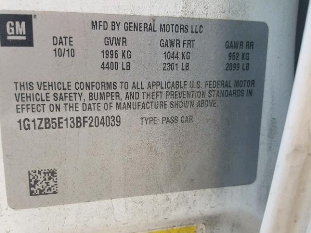 1G1ZB5E13BF204039 - 2011 CHEVROLET MALIBU LS 白色 照片 10