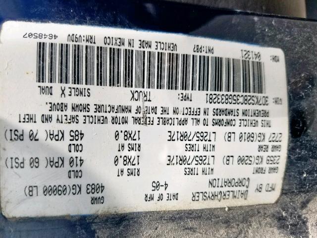 3D7KS28C35G833281 - 2005 DODGE RAM 2500 S Կապույտ լուսանկար 10