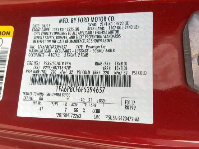 1FA6P8CF6F5394657 - 2015 FORD MUSTANG GT RED photo 10