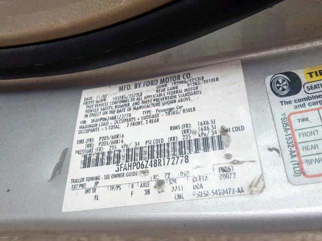 3FAHP06Z48R172778 - 2008 FORD FUSION S SILVER photo 10