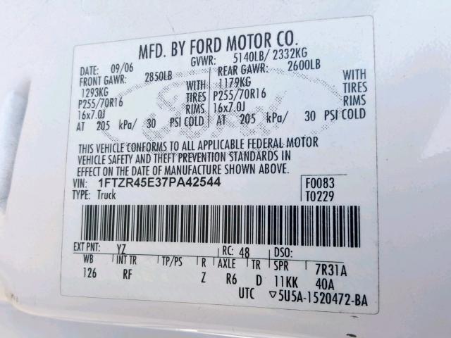 1FTZR45E37PA42544 - 2007 FORD RANGER SUP WHITE photo 10