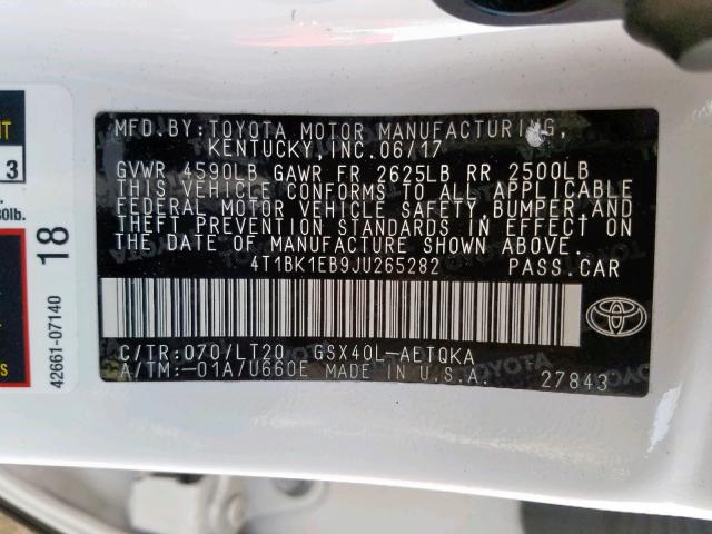 4T1BK1EB9JU265282 - 2018 TOYOTA AVALON XLE WHITE photo 10