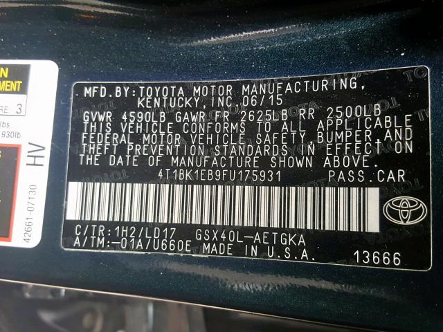 4T1BK1EB9FU175931 - 2015 TOYOTA AVALON XLE BLACK photo 10