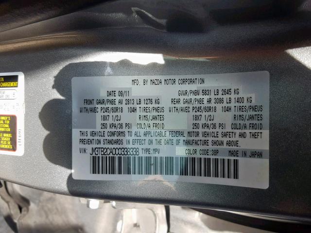 JM3TB2CA0C0338338 - 2012 MAZDA CX-9 GRAY photo 10