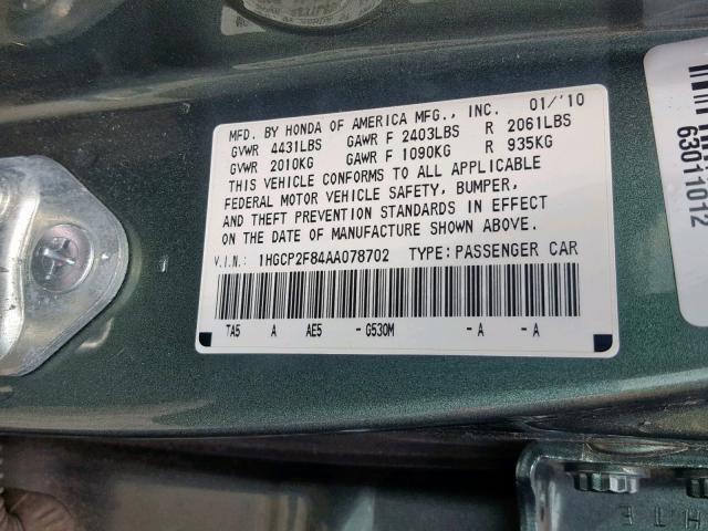 1HGCP2F84AA078702 - 2010 HONDA ACCORD EXL GREEN photo 10