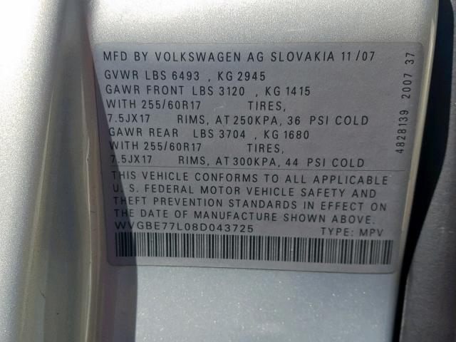 WVGBE77L08D043725 - 2008 VOLKSWAGEN TOUAREG 2 SILVER photo 10
