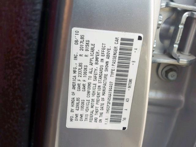 1HGCP2F45AA194407 - 2010 HONDA ACCORD LXP SILVER photo 10